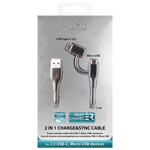 PURO Cable 2 in 1 - Kabel USB do ładowania & synchronizacji danych z dwoma wtykami Micro USB & USB-C, 2 A, 480 Mbps, 1 m (czarny PURO Cable 2 in 1 - Kabel USB do ładowania & synchronizacji danych z dwoma wtykami Micro USB & USB-C, 2 A, 480 Mbps, 1 m (czarny