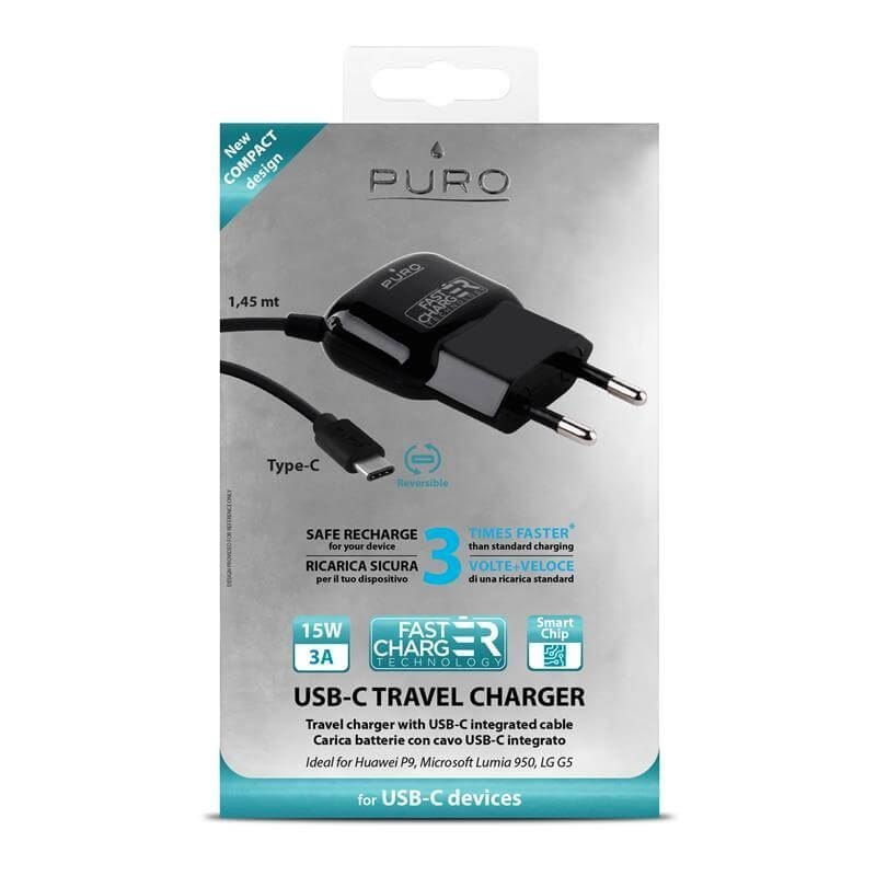 PURO Fast Charger Mini Travel Charger - Uniwersalna ładowarka sieciowa z kablem USB-C o dwustronnym wtyku, 3 A (czarny)