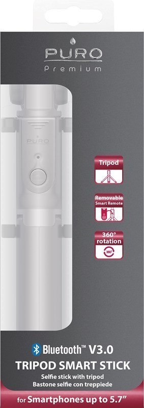 PURO Tripod Smart Stick - Uniwersalny kij do selfie ze statywem + pilot Bluetooth 3.0 (szary)