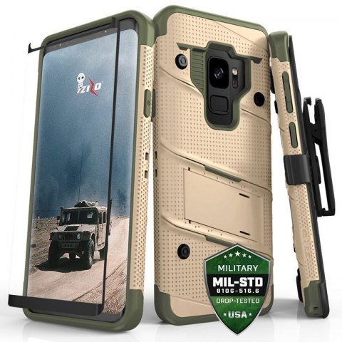Zizo Bolt Cover - Pancerne etui Samsung Galaxy S9 ze szkłem 9H na ekran + podstawka & uchwyt do paska (Desert Tan/Camo Green)